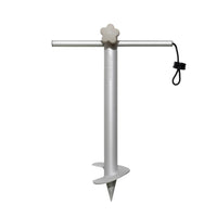 Silver aluminium screw-in sand anchor with a T-handle, auger base and tethered black cap — Sand / Ground Anchor by Basil Bangs