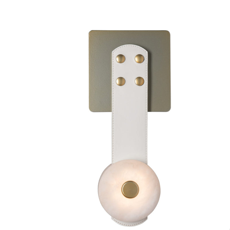 SNAPS LED Wall Sconce, shown in Modern Brass, White Leather & Alabaster, by Hubbardton Forge