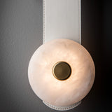 SNAPS LED Wall Sconce detail in Modern Brass, White Leather & Alabaster, by Hubbardton Forge