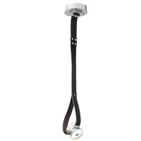 SNAPS Single LED 45º Pendant with Metal Cone, shown in Sterling, Black Leather, by Hubbardton Forge