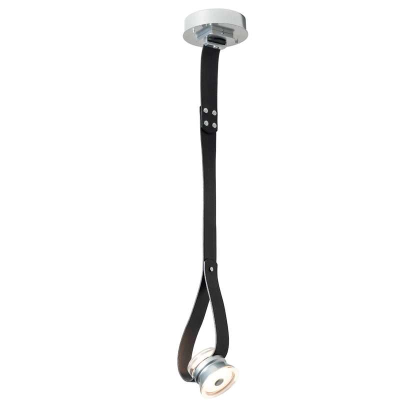SNAPS Single LED 45º Pendant with Metal Cone, shown in Sterling, Black Leather, by Hubbardton Forge
