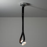 SNAPS Single LED 45º Pendant with Metal Cone, shown in Sterling, Black Leather, by Hubbardton Forge
