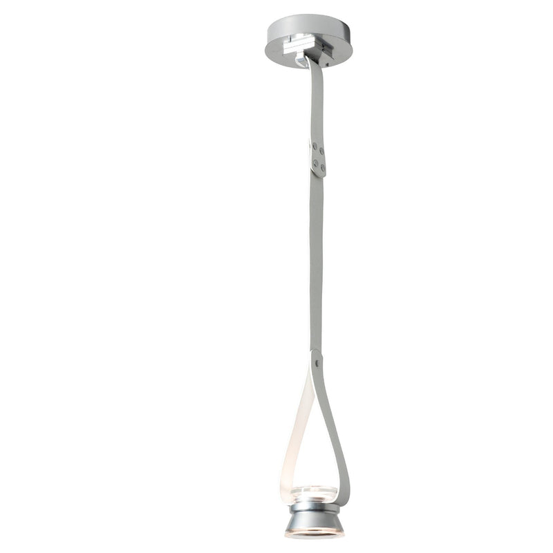 SNAPS Single LED Downlight Pendant with Metal Cone, shown in Sterling, White Leather, by Hubbardton Forge