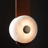 SNAPS Single LED Pendant detail in Modern Brass, Chestnut Leather & Alabaster, by Hubbardton Forge