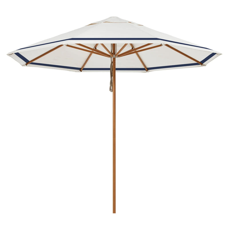 Octagonal cream canopy umbrella with navy stripe trim and a varnished timber pole — Regatta Umbrella 280 cm Octagonal by Basil Bangs