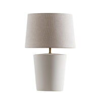 Santos Table Lamp by Geo Contemporary in White ceramic with a Rustic Linen fabric shade and brass-tone details