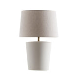 Santos Table Lamp by Geo Contemporary in White ceramic with a Rustic Linen fabric shade and brass-tone details