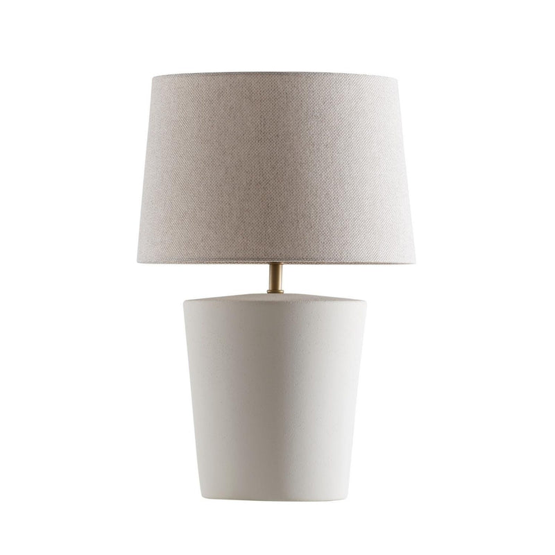 Santos Table Lamp by Geo Contemporary in White ceramic with a Rustic Linen fabric shade and brass-tone details