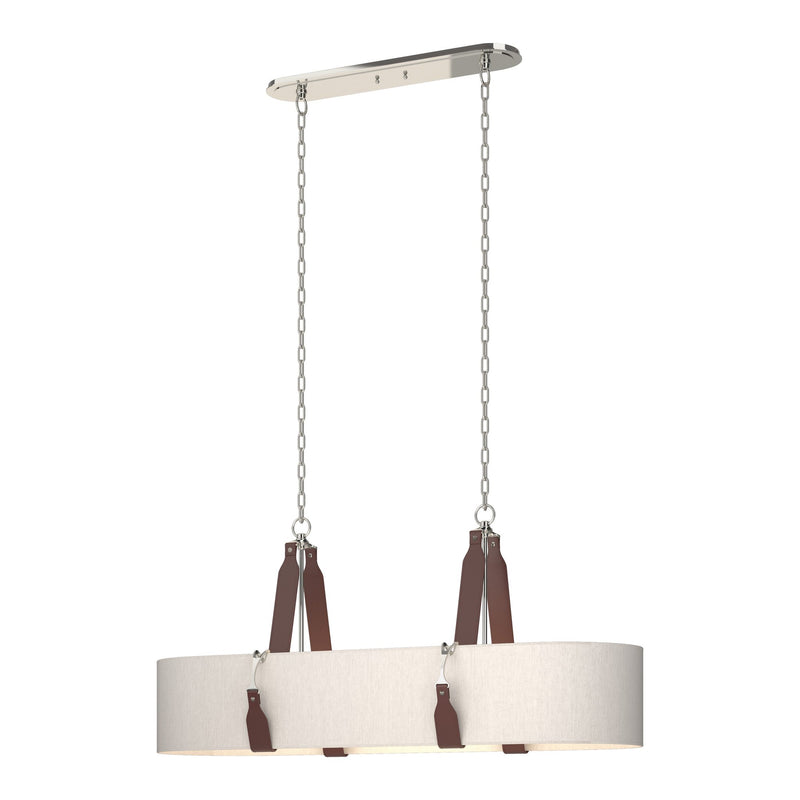 Saratoga Oval Pendant in Polished Nickel, Flax Shade, British Brown Leather by Hubbardton Forge