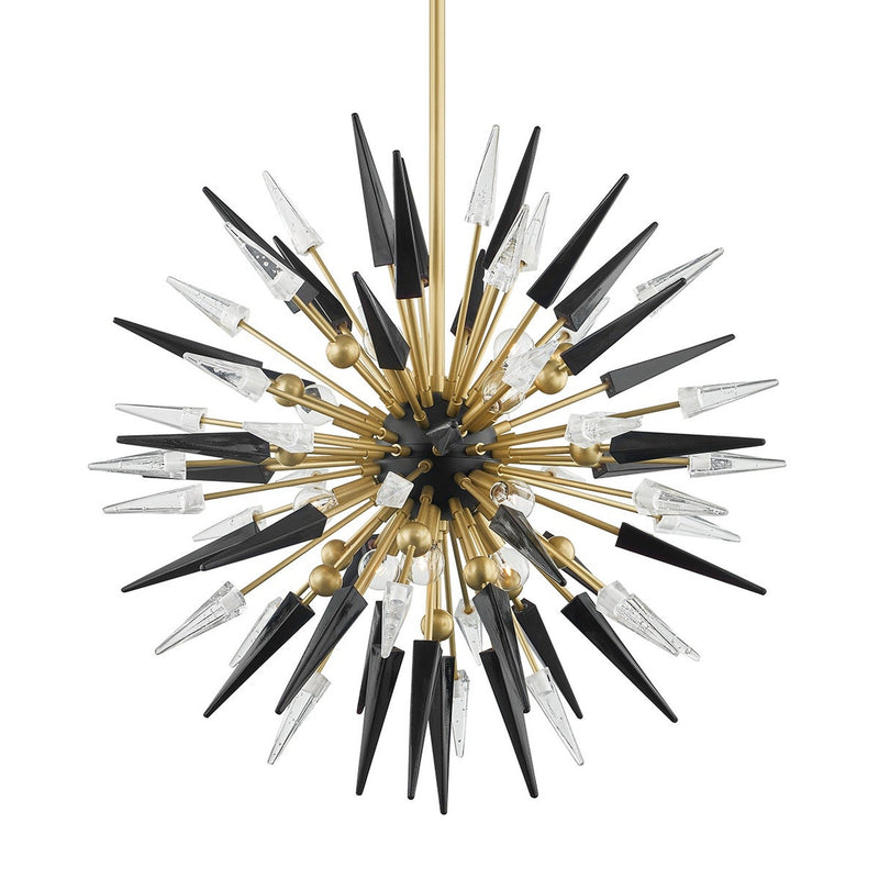 Sparta Chandelier - 32 Inch, 12-Light - Aged Brass with Black & Clear Shards by Hudson Valley