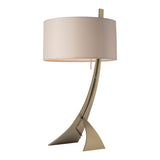 Stasis Table Lamp, shown in Modern Brass, Flax Shade, by Hubbardton Forge