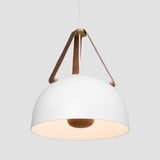 Stillo Pendant Light by Cerno in Claire - white exterior and interior, brushed brass accents, brown leather, white oak
