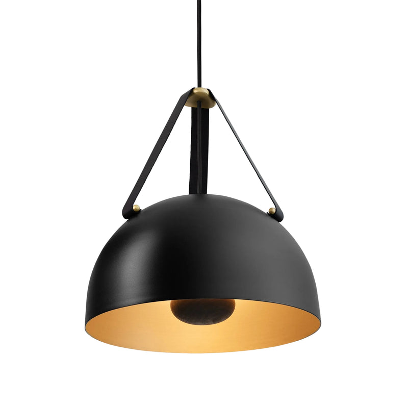 Stillo Pendant Light by Cerno in Noir - black exterior, brushed brass interior, brushed brass accents, black leather, dark stained walnut