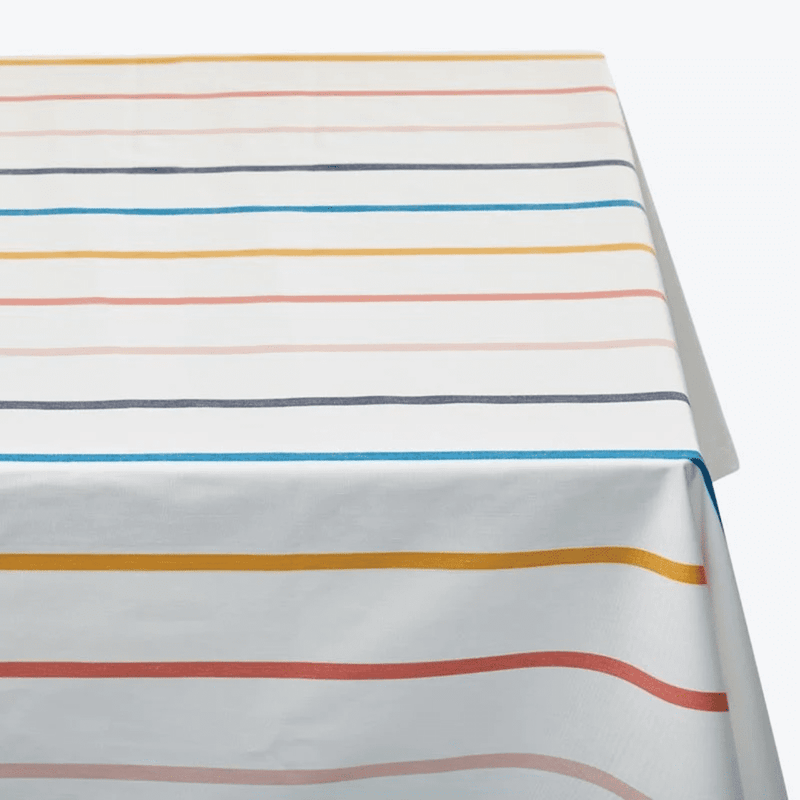 Cotton tablecloth in horizontal multicolour stripes of blue, red, mustard and grey on white — Basil Bangs Tablecloth by Basil Bangs