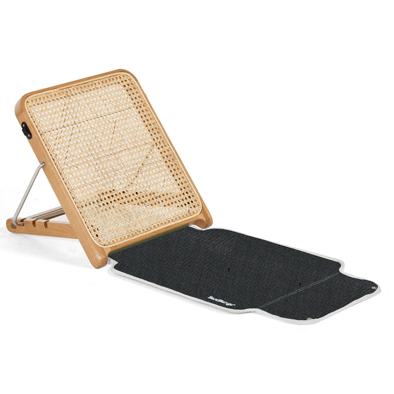 Folding beach lounger with adjustable woven rattan back, timber frame and black mesh mat — The Lounger by Basil Bangs