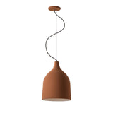Trento Ceramic Pendant Light by Geo Contemporary in Terracotta ceramic with a brown cord, shown at full drop with its canopy