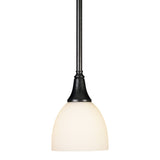 Trumpet Mini Pendant, shown in Natural Iron, Opal Glass, by Hubbardton Forge