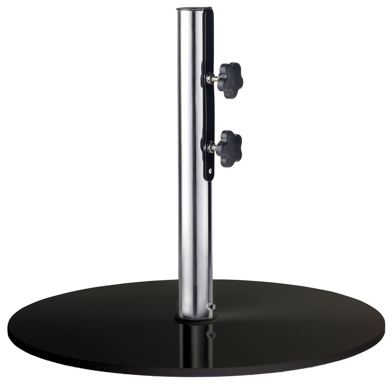 Round black steel base disc with a chrome upright tube and two black tightening knobs — Umbrella Base Standard 25kg by Basil Bangs