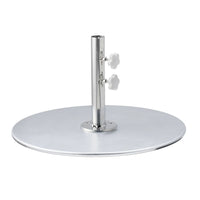 Round galvanised steel umbrella base disc with stainless pole tube and white tightening knobs — Umbrella Base Galvanised 32kg by Basil Bangs