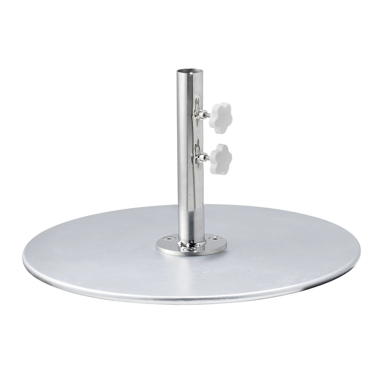 Round galvanised steel umbrella base disc with stainless pole tube and white tightening knobs — Umbrella Base Galvanised 32kg by Basil Bangs