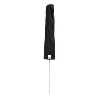 Black zippered umbrella storage cover with a branded label fitted over a white pole — Umbrella Cover by Basil Bangs