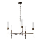 Vela 5 Arm Chandelier, shown in Dark Smoke, Clear Glass, by Hubbardton Forge