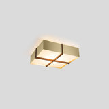 Veram Flushmount by Cerno, 24 inch, walnut wood frame with brushed brass shade - angled view