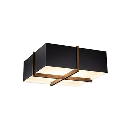 Veram Flushmount by Cerno, 18 inch, walnut wood frame with matte black with matte white interior shade