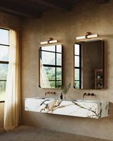 Vintage Brass/Glossy Opal Glass Ledger Vanity Light by Alora Lighting in Bathroom