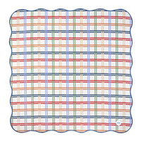Square scalloped-edge rug with a woven rainbow check of red, blue and green lines on white — Weekend Rug by Basil Bangs