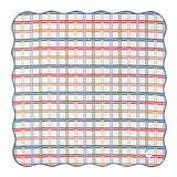 Square scalloped-edge rug with a woven rainbow check of red, blue and green lines on white — Weekend Rug by Basil Bangs