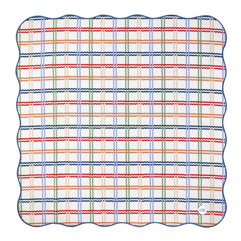 Square scalloped-edge rug with a woven rainbow check of red, blue and green lines on white — Weekend Rug by Basil Bangs