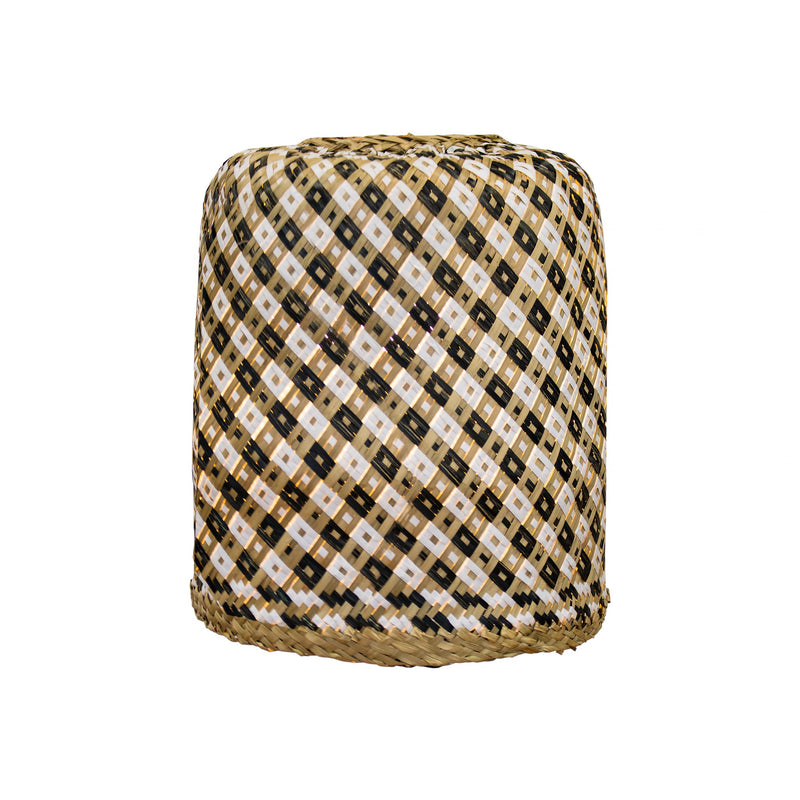 Cylindrical woven shade in a black, white and natural diamond pattern for a cordless pendant — Benirras Battery Pendant Lamp by New Garden