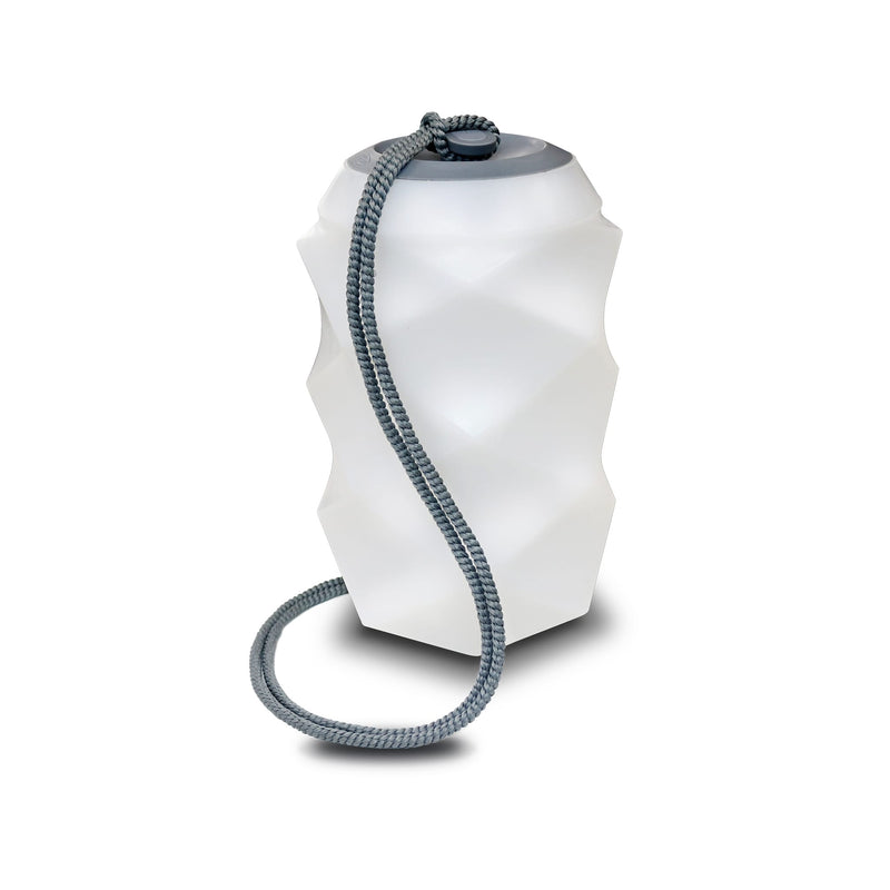 Bita battery pendant lamp by New Garden, faceted white lantern glowing warm white with a grey rope carry strap