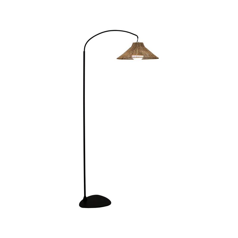 Arching black floor lamp with curved stem, pebble base and a warm-lit natural fiber cone shade — Niza Battery Floor Lamp by New Garden