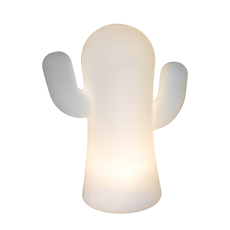Glowing white cactus-shaped table lamp casting a soft warm light from its molded body — Panchito Battery Table Lamp by New Garden