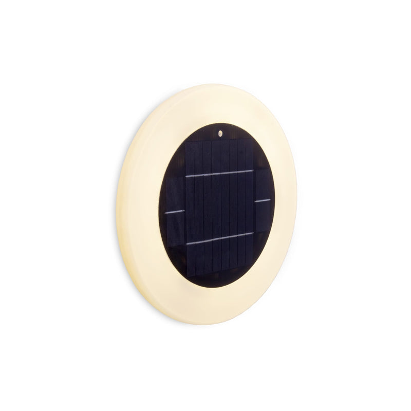 Papaya solar wall lamp by New Garden, round fixture with a central black solar panel and warm cream outer ring