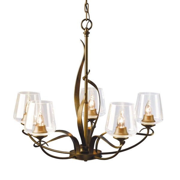 Flora 5 Arm Chandelier by Hubbardton Forge, Finish: Mahogany-Hubbardton Forge, Bronze, Dark Smoke-Hubbardton Forge, Burnished Steel-Hubbardton Forge, Black, Natural Iron-Hubbardton Forge, Gold, Vintage Platinum-Hubbardton Forge, Soft Gold-Hubbardton Forge, Sterling-Hubbardton Forge, Glass Shade: Opal Glass, Clear Glass,  | Casa Di Luce Lighting