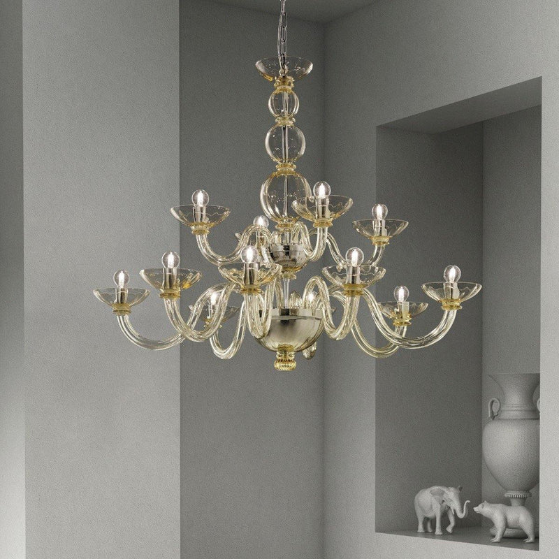 Candiano Two-Tier Chandelier by Sylcom, Color: Smoke - Vistosi, Finish: Polish Gold, Number of Lights: 6+12 | Casa Di Luce Lighting
