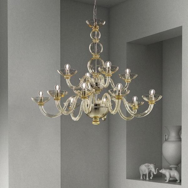 Candiano Two-Tier Chandelier by Sylcom, Color: Clear, Blue, Smoke - Vistosi, Grey, Ocean - Sylcom, Topaz - Sylcom, Milk White Clear - Sylcom, Finish: Polish Chrome, Polish Gold, Number of Lights: 4+8, 6+12 | Casa Di Luce Lighting