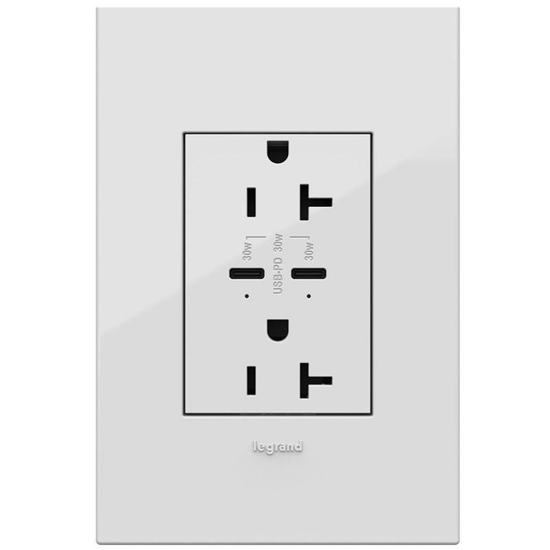 White Adorne 20A Tamper Resistant Receptacle Ultra Fast 30W Power Delivery USB by Legrand Adorne