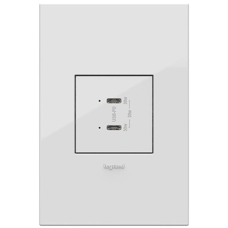 White Adorne Ultra Fast Plus Power Delivery USB Type CC Outlet by Legrand Adorne