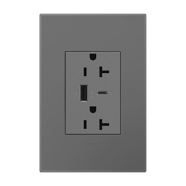 Adorne 20A Tamper Resistant Ultra Fast USB Type AC Outlet Magnesium Finish