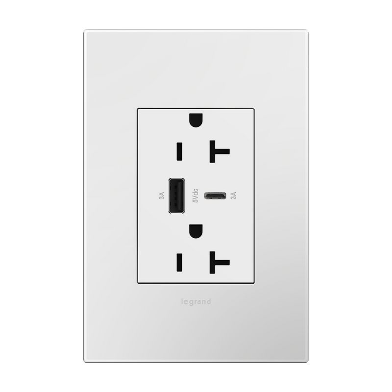 Adorne 20A Tamper Resistant Ultra Fast USB Type AC Outlet White Finish