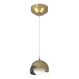BROOKLYN DOUBLE SHADE LOW VOLTAGE MINI PENDANT BY HUBBARDTON FORGE, FINISH: MODERN BRASS; ACCENT: NATURAL IRON, OPAL GLASS, | CASA DI LUCE LIGHTING