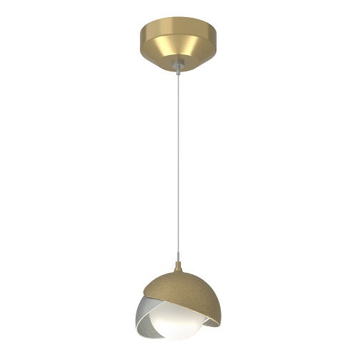 BROOKLYN DOUBLE SHADE LOW VOLTAGE MINI PENDANT BY HUBBARDTON FORGE, FINISH: MODERN BRASS; ACCENT: VINTAGE PLATINUM, OPAL GLASS, | CASA DI LUCE LIGHTING