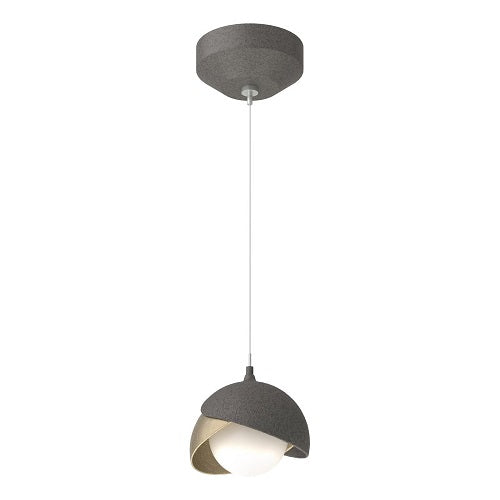 BROOKLYN DOUBLE SHADE LOW VOLTAGE MINI PENDANT BY HUBBARDTON FORGE, FINISH: NATURAL IRON, ACCENT: SOFT GOLD, OPAL GLASS, | CASA DI LUCE LIGHTING