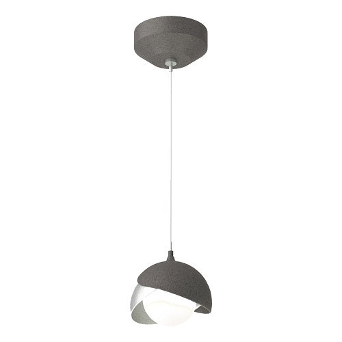 BROOKLYN DOUBLE SHADE LOW VOLTAGE MINI PENDANT BY HUBBARDTON FORGE, FINISH: NATURAL IRON, ACCENT: VINTAGE PLATINUM, OPAL GLASS, | CASA DI LUCE LIGHTING
