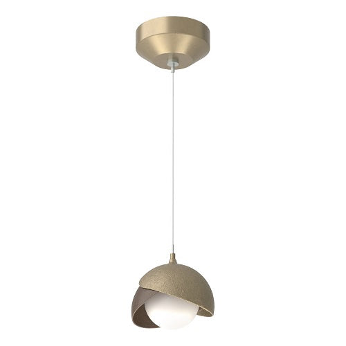 BROOKLYN DOUBLE SHADE LOW VOLTAGE MINI PENDANT BY HUBBARDTON FORGE, FINISH: SOFT GOLD, ACCENT: BRONZE, OPAL GLASS, | CASA DI LUCE LIGHTING