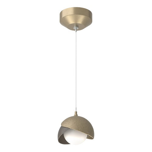 BROOKLYN DOUBLE SHADE LOW VOLTAGE MINI PENDANT BY HUBBARDTON FORGE, FINISH: SOFT GOLD, ACCENT: DARK SMOKE, OPAL GLASS, | CASA DI LUCE LIGHTING